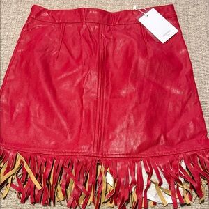 Comme USA Red Leather Mini Skirt with Fringe